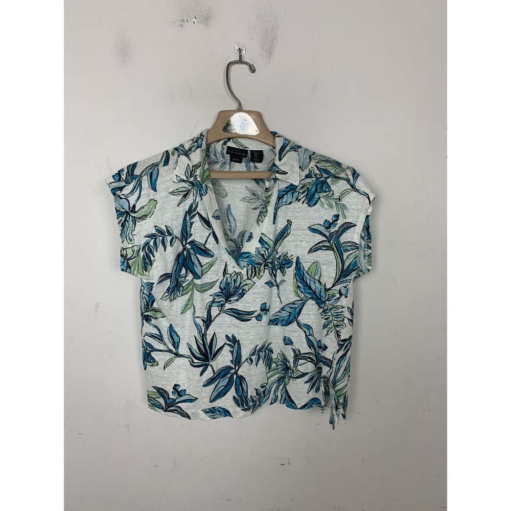 Tahari Womens Shirt Large Floral Tropical Linen Beachy Travel Hawaiian Preppy